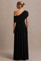 Noah Black Asymmetric-Neck Maternity Maxi Dress With Drop-Waist – lifestyle photo