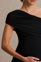 Noah Black Asymmetric-Neck Maternity Maxi Dress With Drop-Waist – detail shot
