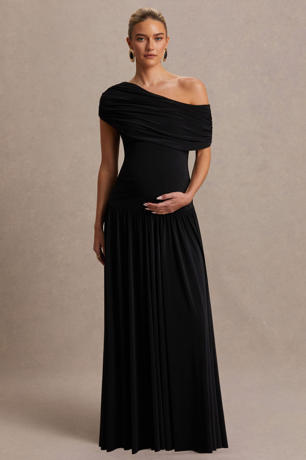 Noah Black Asymmetric-Neck Maternity Maxi Dress With Drop-Waist – side view