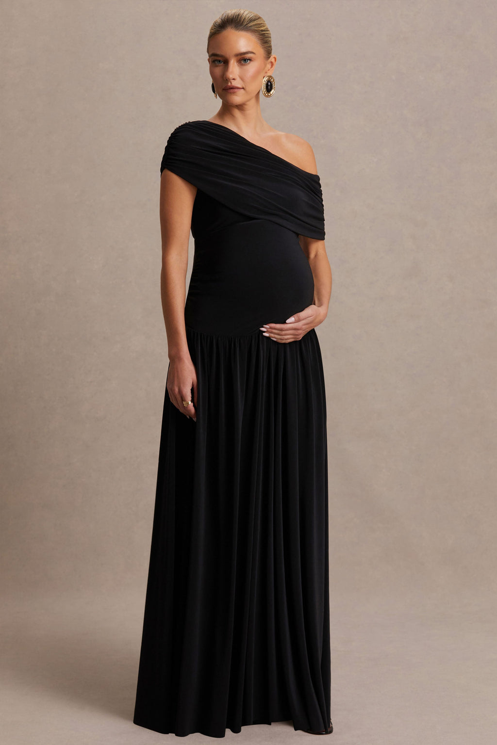 Noah Black Asymmetric-Neck Maternity Maxi Dress With Drop-Waist – back view