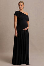Noah Black Asymmetric-Neck Maternity Maxi Dress With Drop-Waist – back view