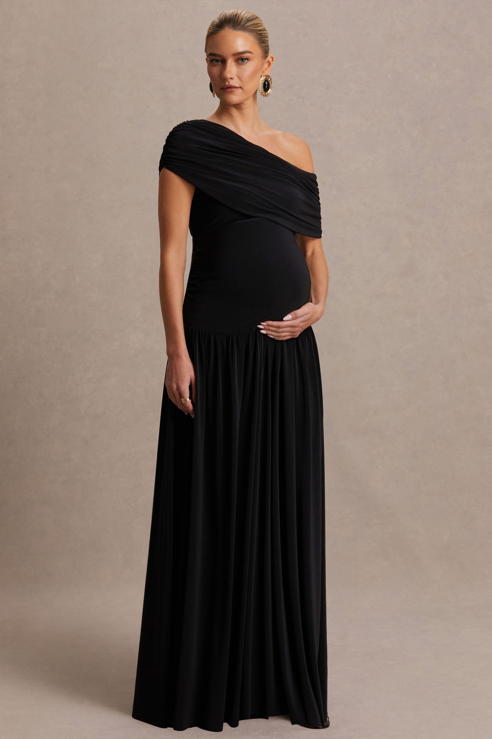 Noah Black Asymmetric-Neck Maternity Maxi Dress With Drop-Waist – back view
