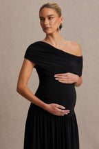 Noah Black Asymmetric-Neck Maternity Maxi Dress With Drop-Waist – second lifestyle photo
