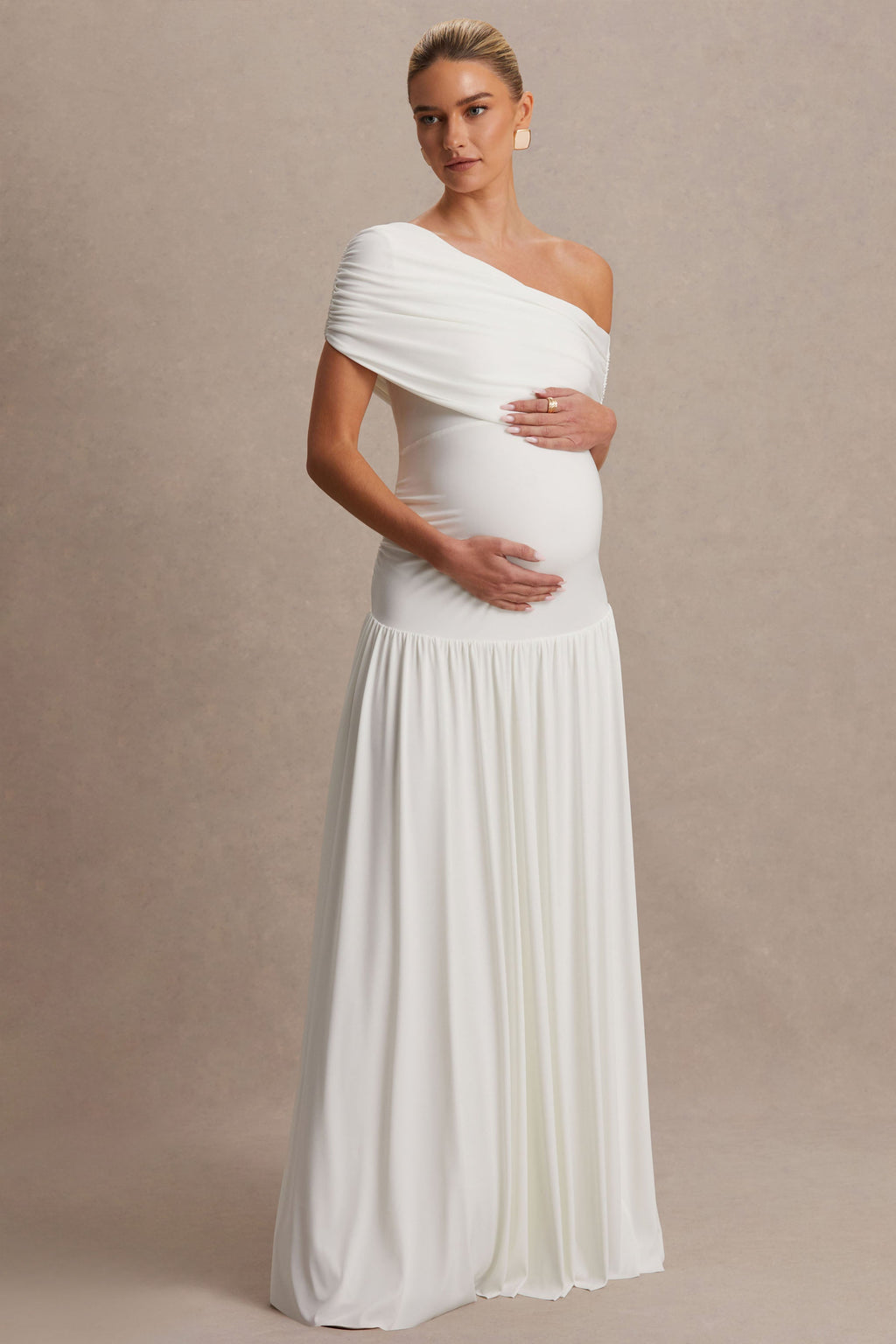 Noah White Asymmetric-Neck Maternity Maxi Dress With Drop-Waist – front view