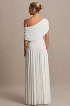 Noah White Asymmetric-Neck Maternity Maxi Dress With Drop-Waist – lifestyle photo
