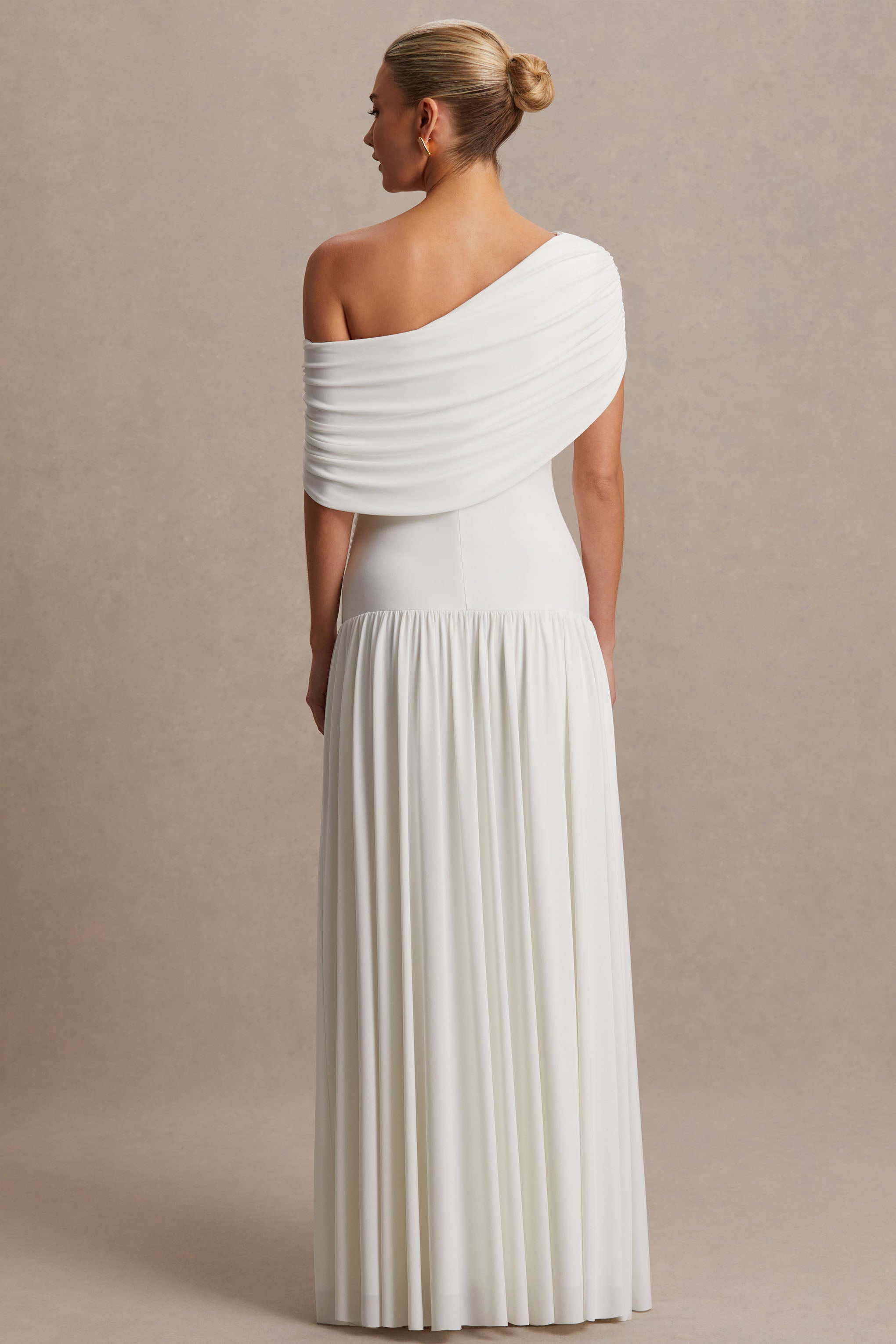 Noah White Asymmetric-Neck Maternity Maxi Dress With Drop-Waist – lifestyle photo