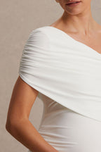 Noah White Asymmetric-Neck Maternity Maxi Dress With Drop-Waist – detail shot