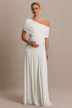 Noah White Asymmetric-Neck Maternity Maxi Dress With Drop-Waist – side view
