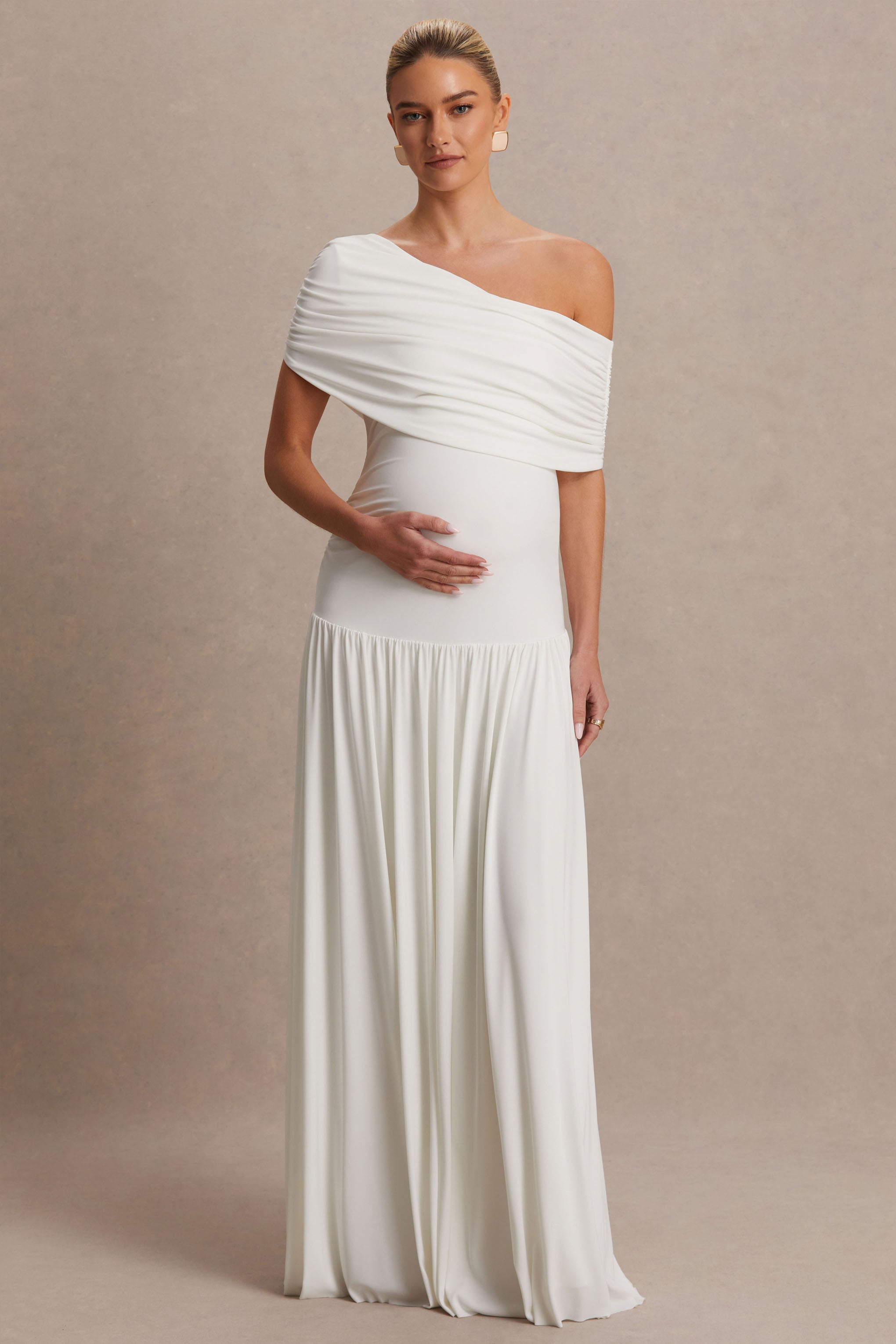 Noah White Asymmetric-Neck Maternity Maxi Dress With Drop-Waist – side view