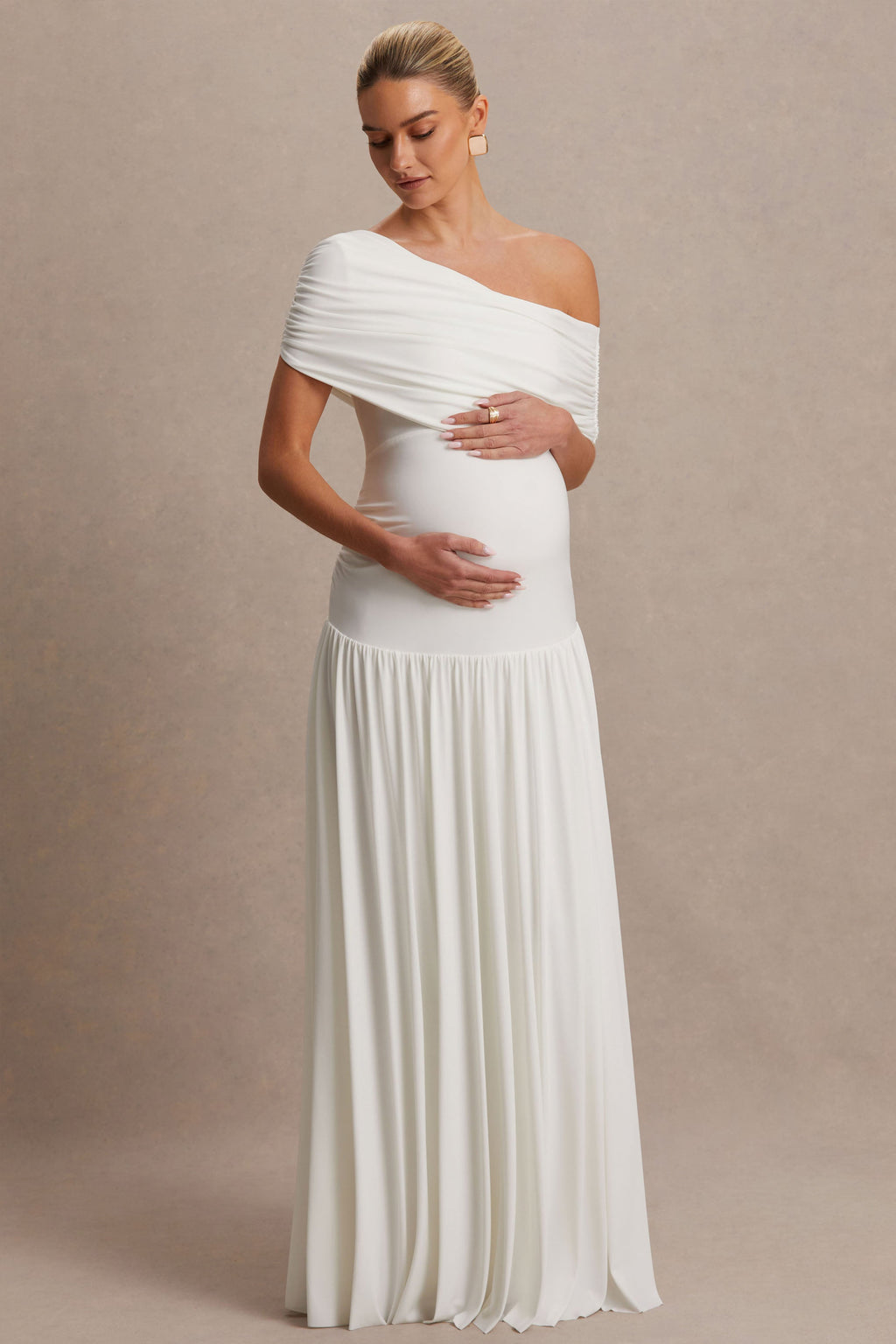 Noah White Asymmetric-Neck Maternity Maxi Dress With Drop-Waist – back view