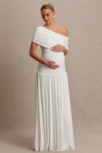 Noah White Asymmetric-Neck Maternity Maxi Dress With Drop-Waist – back view