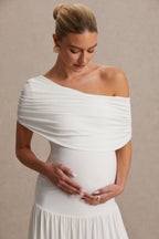 Noah White Asymmetric-Neck Maternity Maxi Dress With Drop-Waist – second lifestyle photo