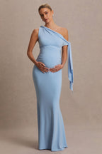 Orielle Powder Blue Asymmetric-Neck Maternity Maxi Dress With Knot-Sleeve And Sash – front view