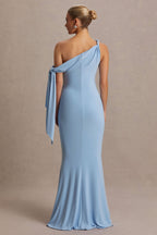Orielle Powder Blue Asymmetric-Neck Maternity Maxi Dress With Knot-Sleeve And Sash – lifestyle photo