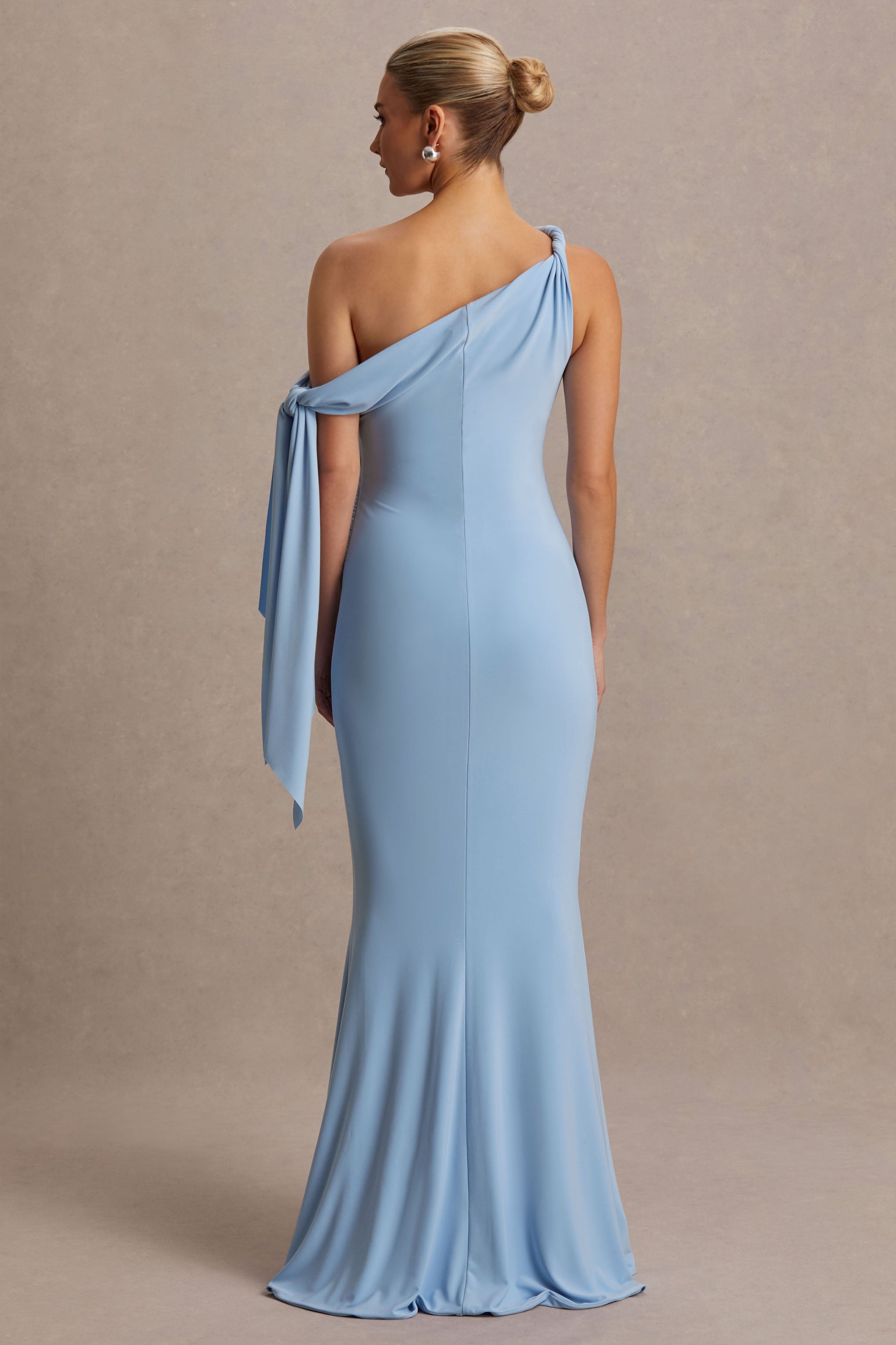 Orielle Powder Blue Asymmetric-Neck Maternity Maxi Dress With Knot-Sleeve And Sash – lifestyle photo