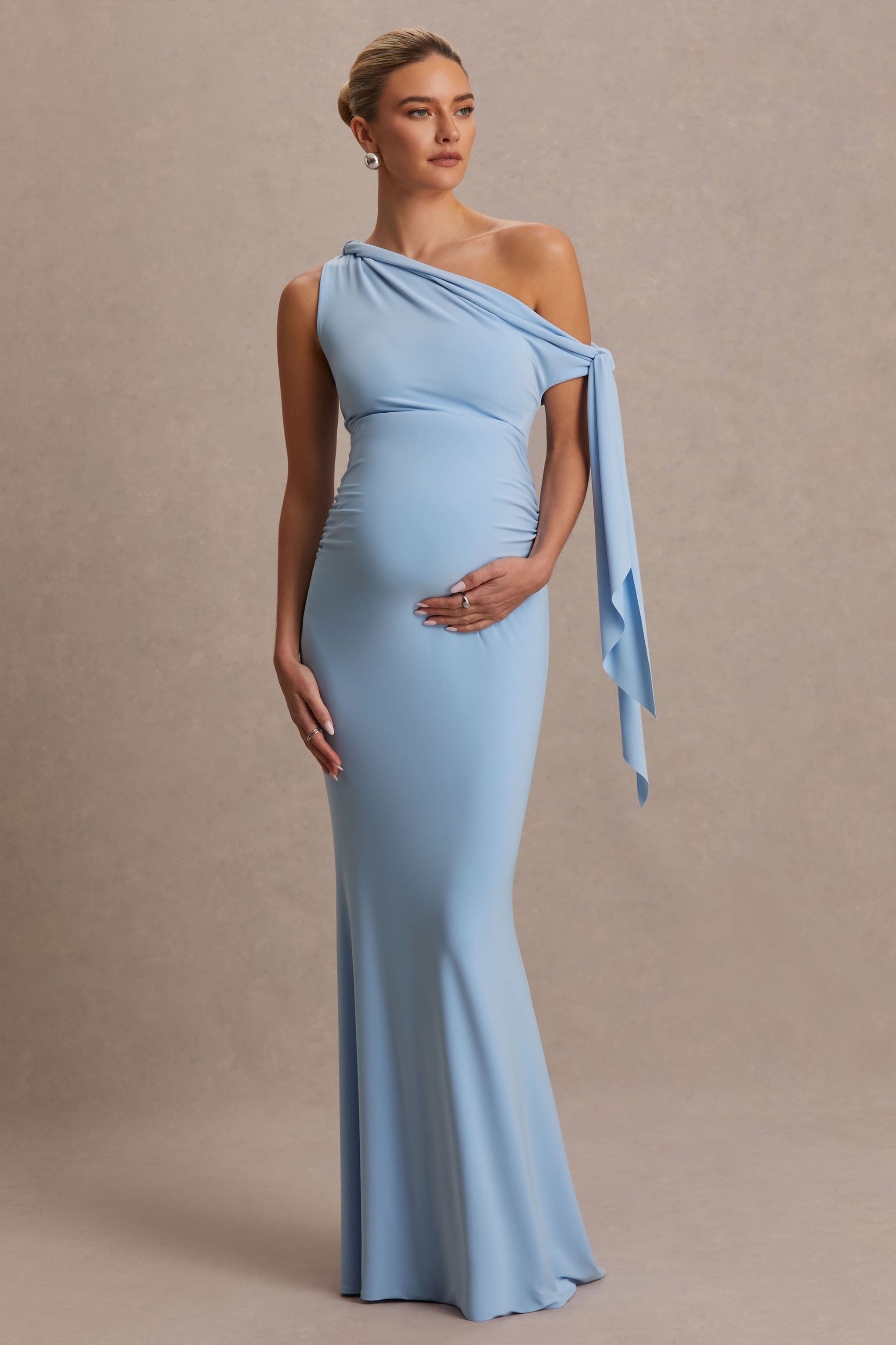 Orielle Powder Blue Asymmetric-Neck Maternity Maxi Dress With Knot-Sleeve And Sash – side view
