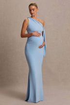 Orielle Powder Blue Asymmetric-Neck Maternity Maxi Dress With Knot-Sleeve And Sash – back view