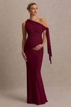 Orielle Burgundy Asymmetric-Neck Maternity Maxi Dress With Knot-Sleeve And Sash – front view