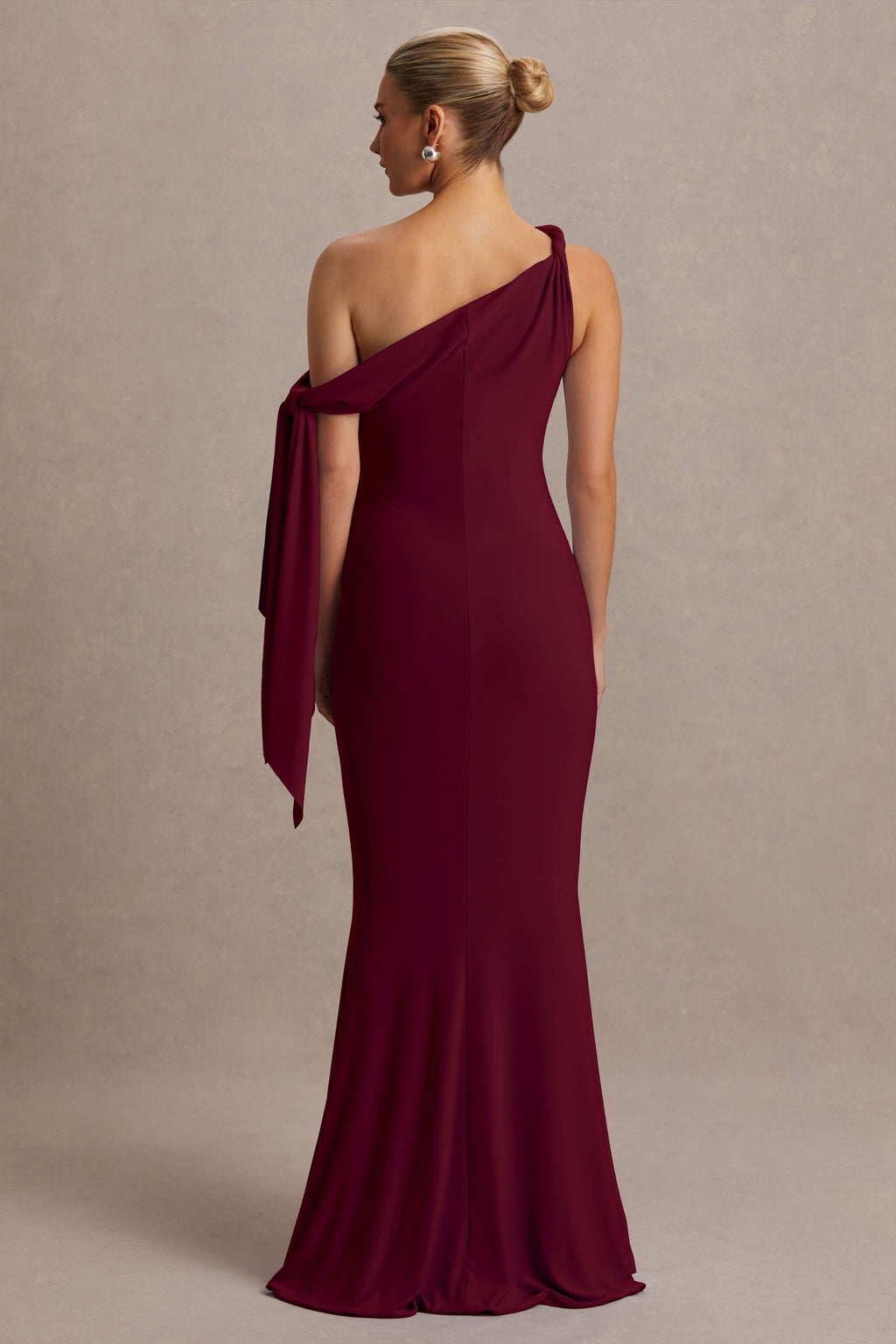 Orielle Burgundy Asymmetric-Neck Maternity Maxi Dress With Knot-Sleeve And Sash – lifestyle photo