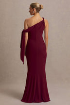 Orielle Burgundy Asymmetric-Neck Maternity Maxi Dress With Knot-Sleeve And Sash – lifestyle photo