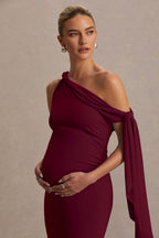 Orielle Burgundy Asymmetric-Neck Maternity Maxi Dress With Knot-Sleeve And Sash – detail shot
