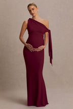 Orielle Burgundy Asymmetric-Neck Maternity Maxi Dress With Knot-Sleeve And Sash – back view