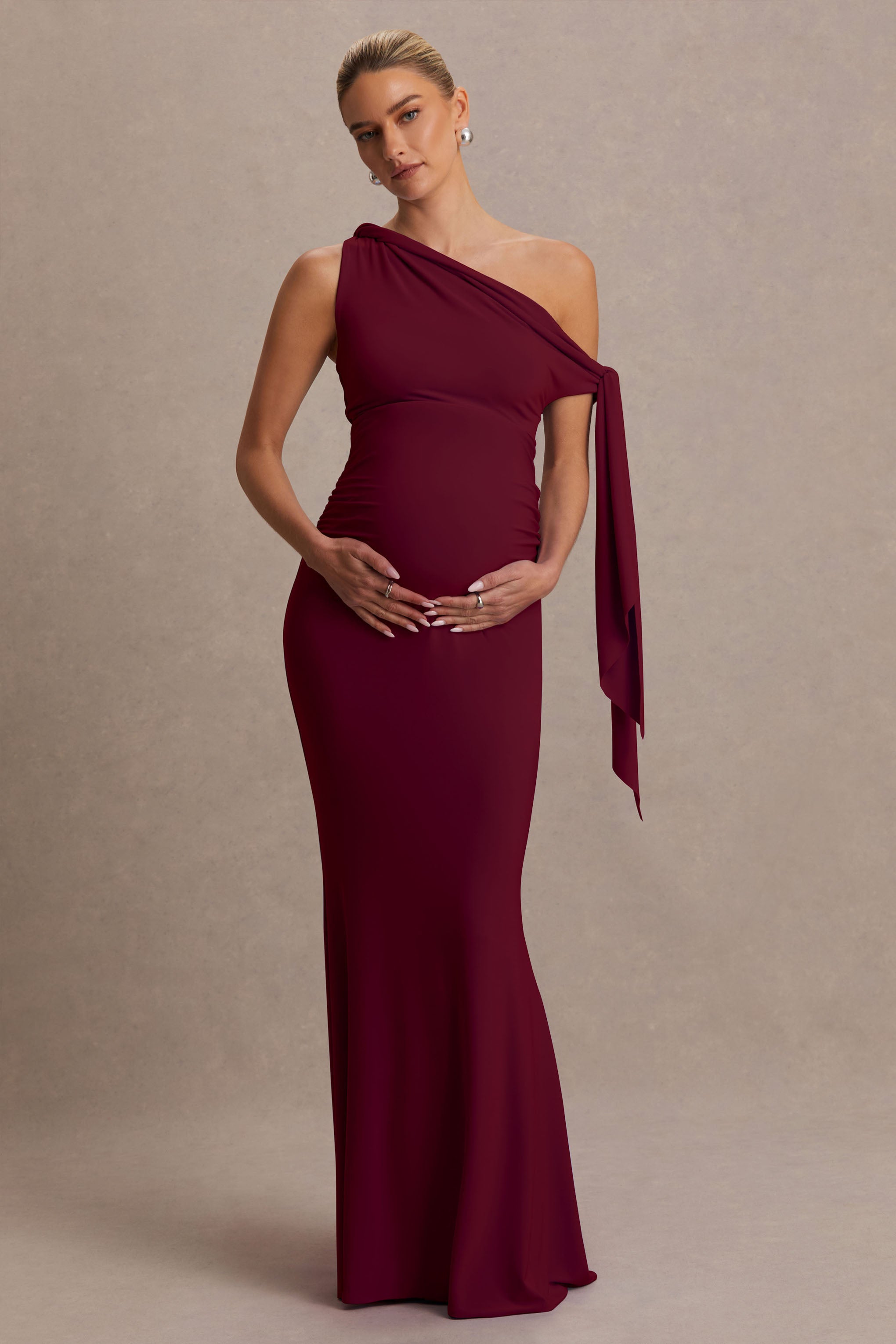 Orielle Burgundy Asymmetric-Neck Maternity Maxi Dress With Knot-Sleeve And Sash – back view