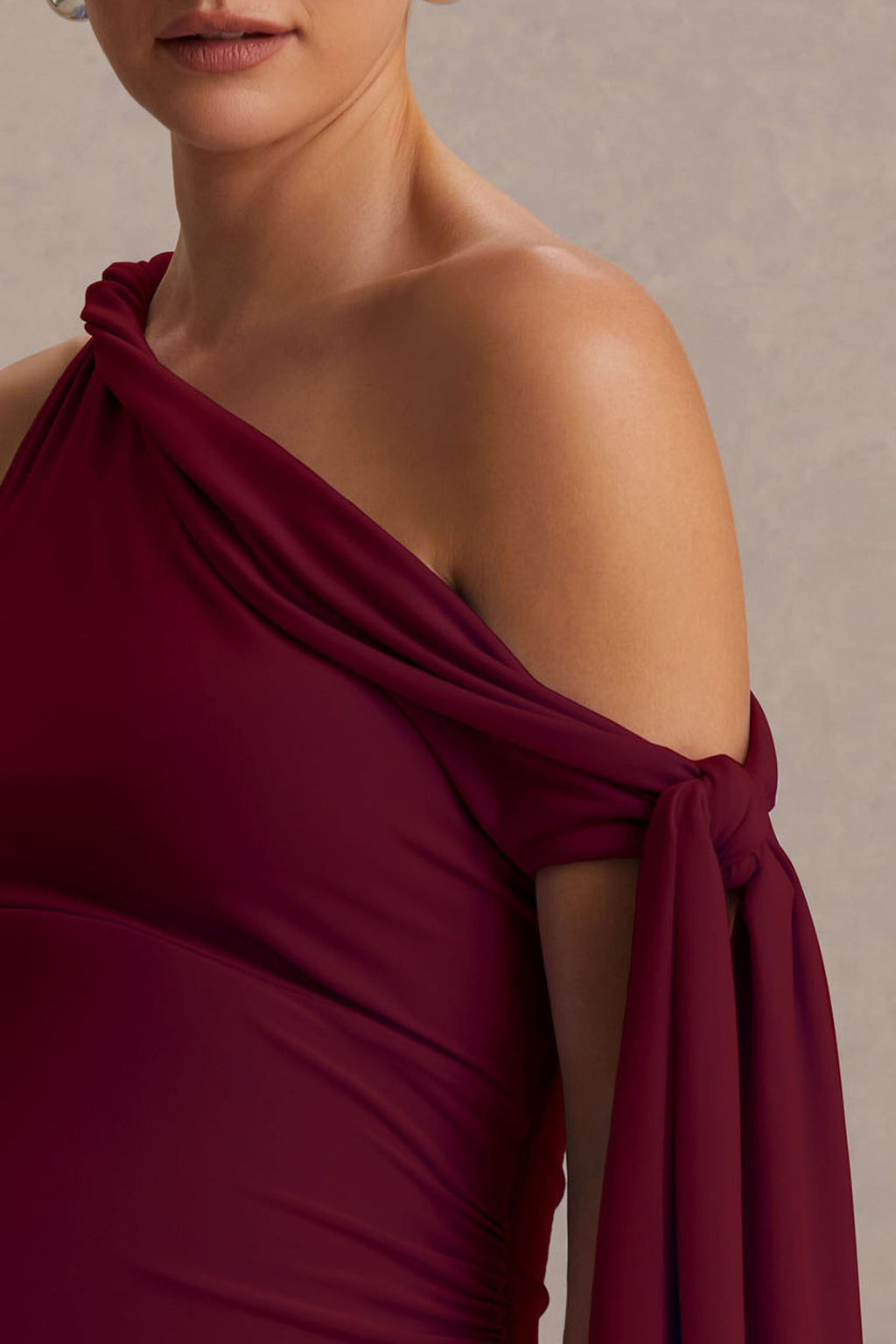 Orielle Burgundy Asymmetric-Neck Maternity Maxi Dress With Knot-Sleeve And Sash – second lifestyle photo