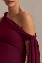 Orielle Burgundy Asymmetric-Neck Maternity Maxi Dress With Knot-Sleeve And Sash – second lifestyle photo