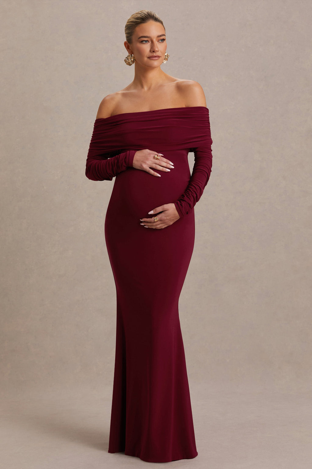 Odessa Berry Bardot-Neck Maternity Maxi Dress – front view