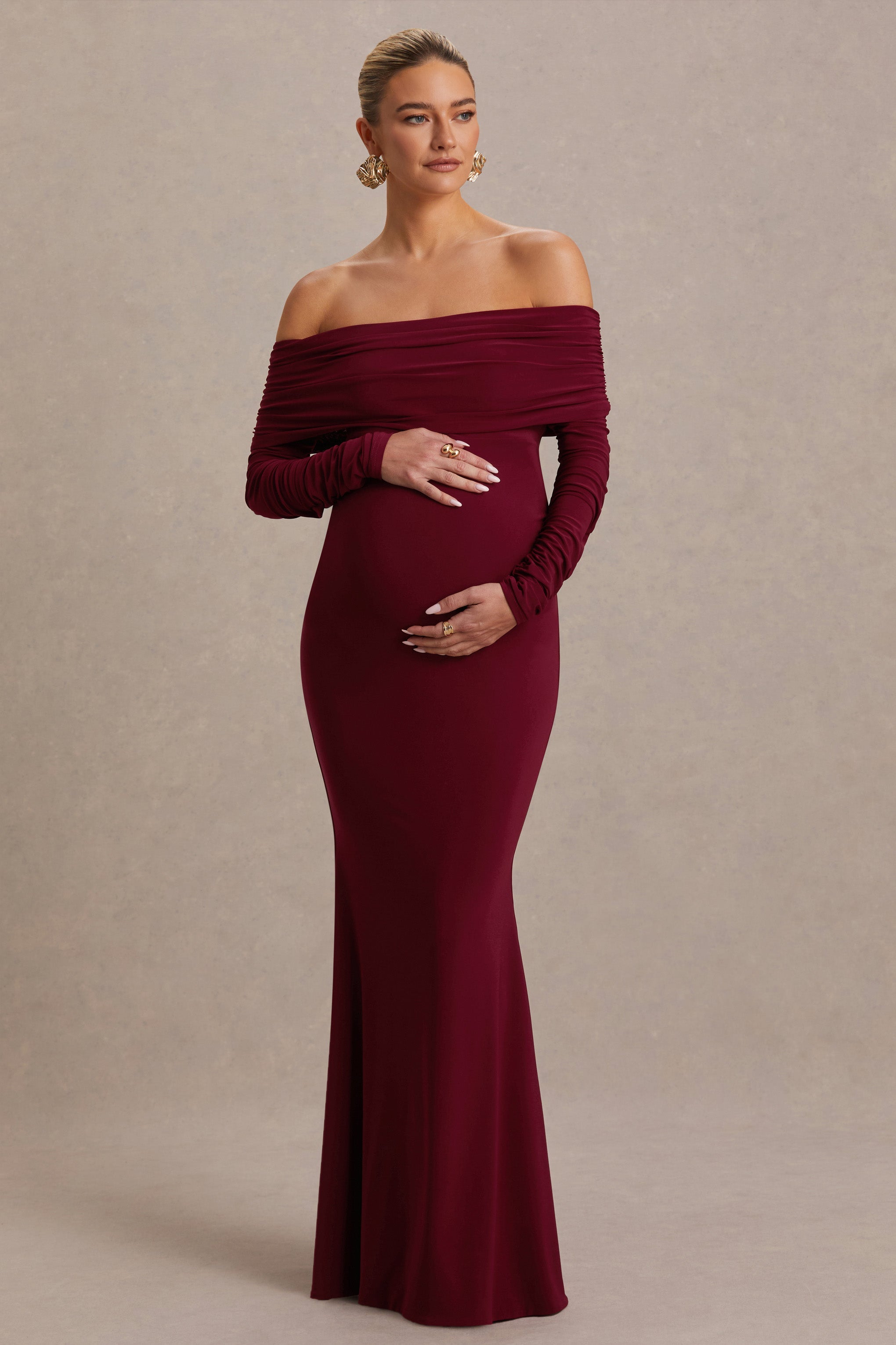 Odessa Berry Bardot-Neck Maternity Maxi Dress – front view