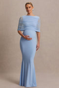 Zaria Powder Blue Crew-Neck Maternity Maxi Dress With Cape-Overlay – front view