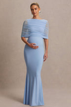 Zaria Powder Blue Crew-Neck Maternity Maxi Dress With Cape-Overlay – front view