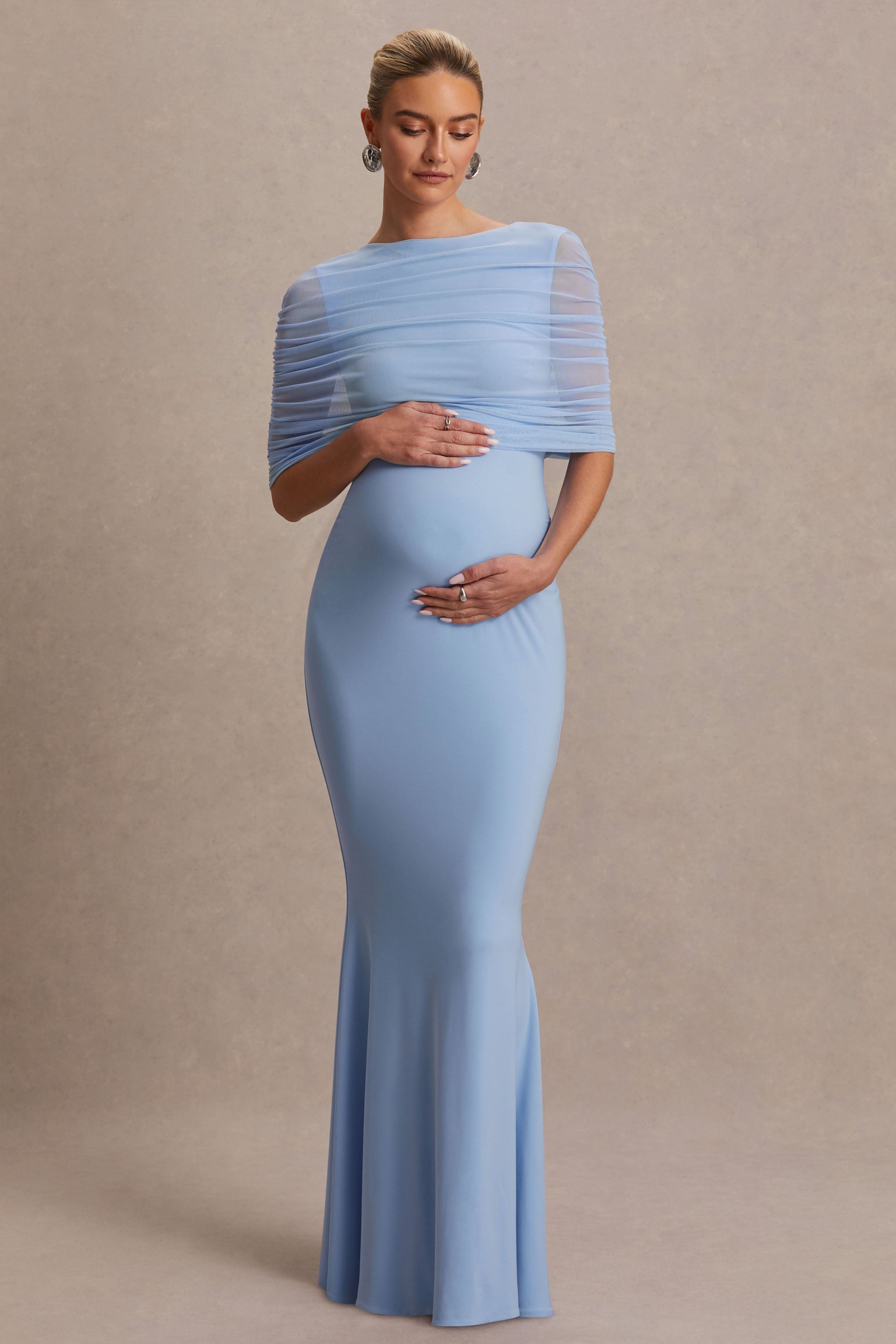 Zaria Powder Blue Crew-Neck Maternity Maxi Dress With Cape-Overlay – side view