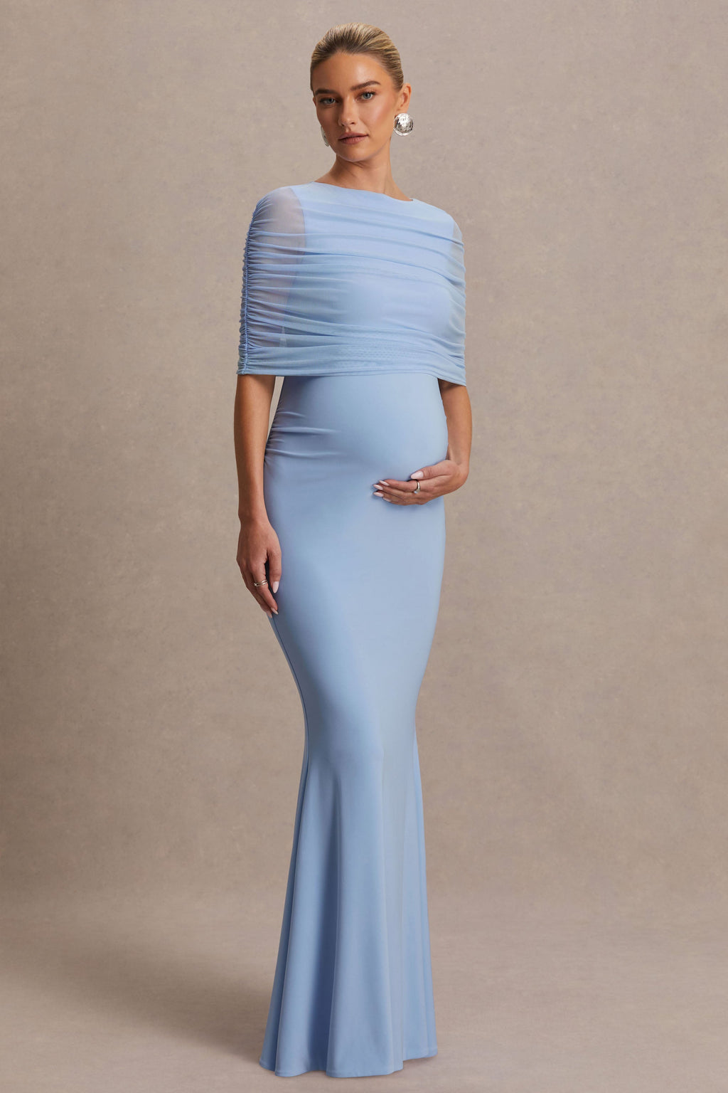 Zaria Powder Blue Crew-Neck Maternity Maxi Dress With Cape-Overlay – back view