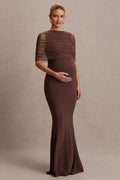 Zaria Brown Crew-Neck Maternity Maxi Dress With Cape-Overlay – front view