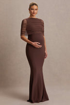 Zaria Brown Crew-Neck Maternity Maxi Dress With Cape-Overlay – front view