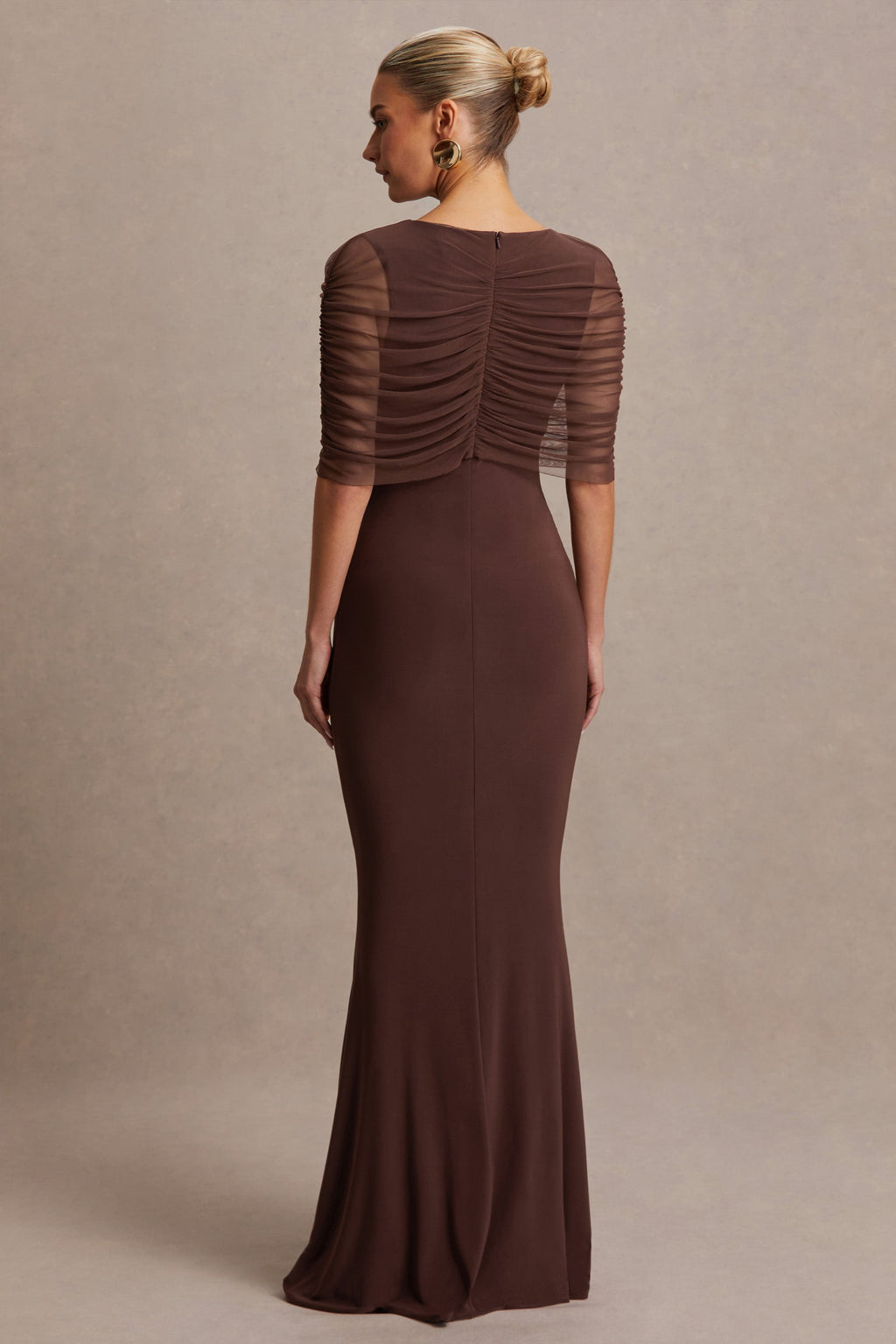 Zaria Brown Crew-Neck Maternity Maxi Dress With Cape-Overlay – lifestyle photo