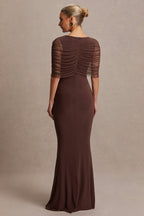 Zaria Brown Crew-Neck Maternity Maxi Dress With Cape-Overlay – lifestyle photo