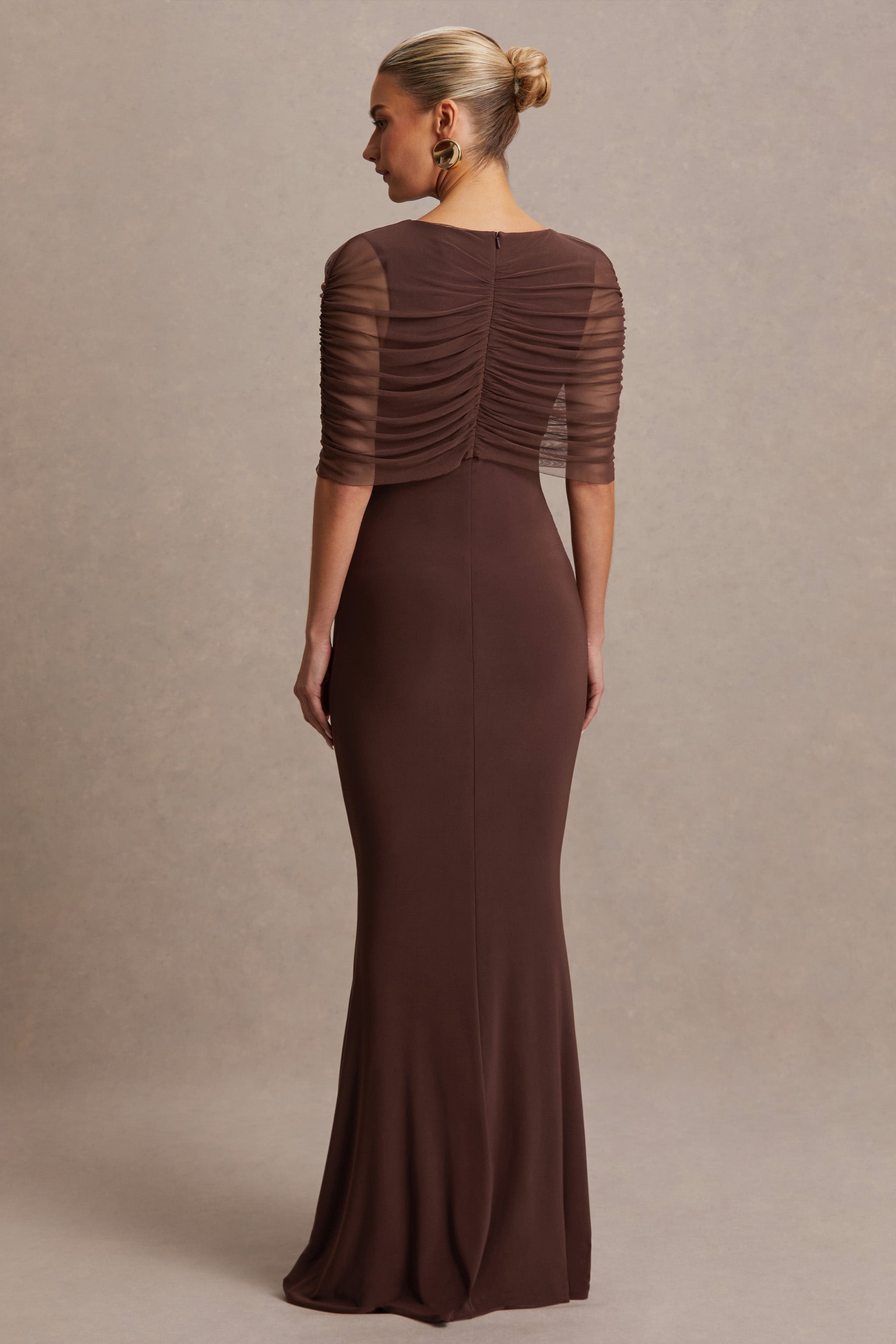 Zaria Brown Crew-Neck Maternity Maxi Dress With Cape-Overlay – lifestyle photo
