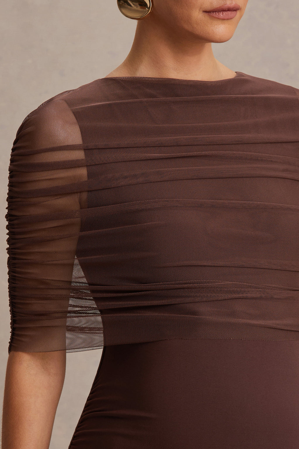 Zaria Brown Crew-Neck Maternity Maxi Dress With Cape-Overlay – detail shot
