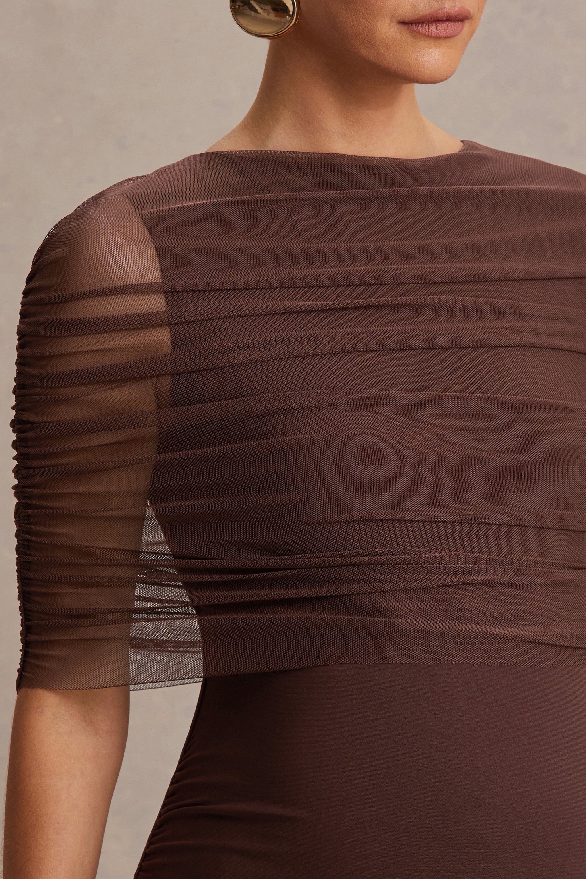 Zaria Brown Crew-Neck Maternity Maxi Dress With Cape-Overlay – detail shot