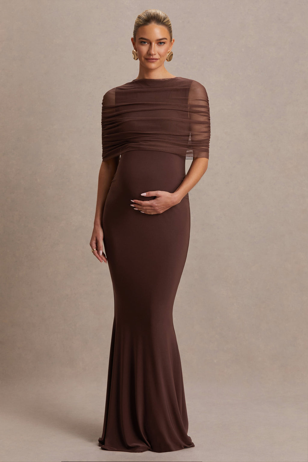 Zaria Brown Crew-Neck Maternity Maxi Dress With Cape-Overlay – side view