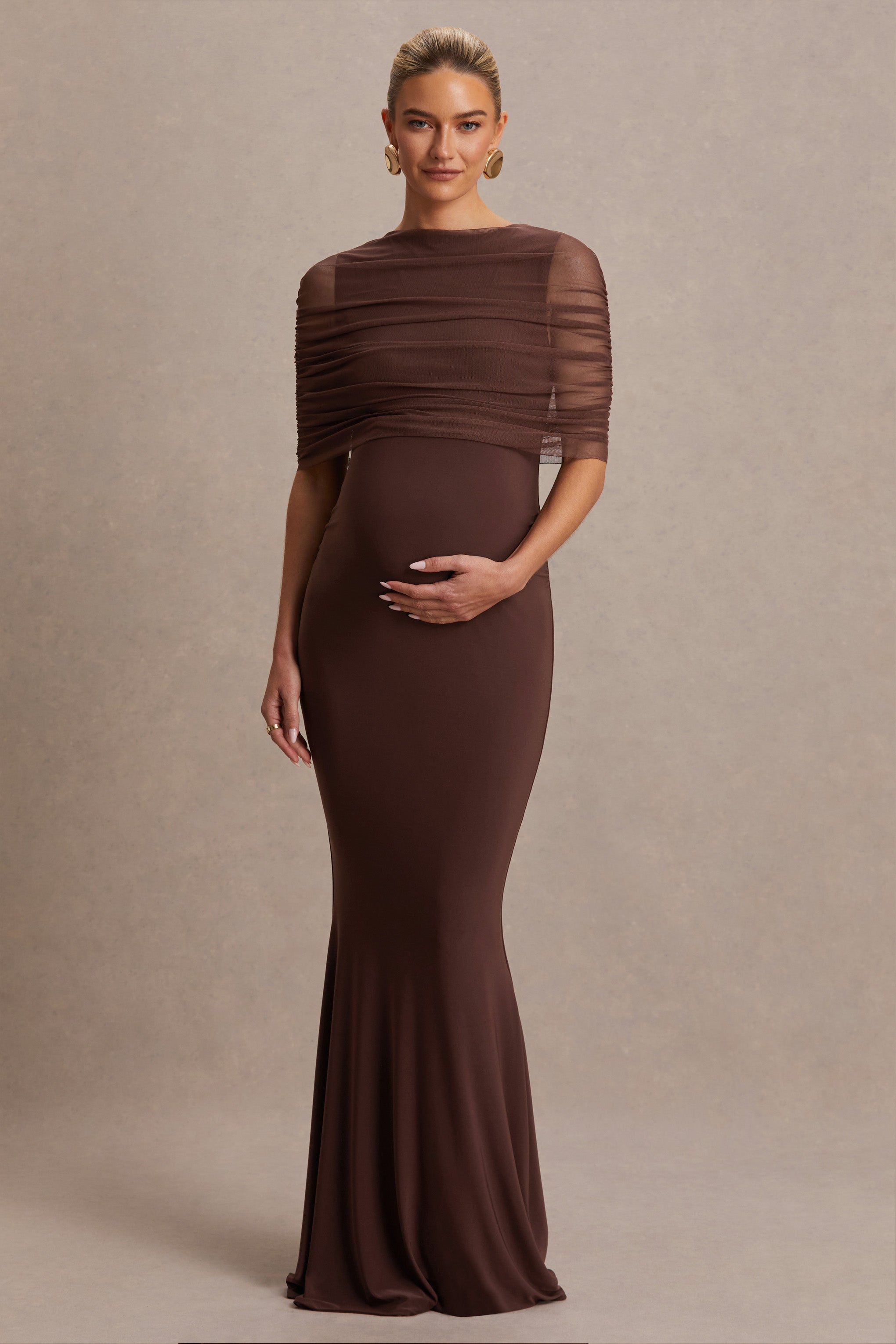 Zaria Brown Crew-Neck Maternity Maxi Dress With Cape-Overlay – side view