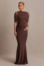Zaria Brown Crew-Neck Maternity Maxi Dress With Cape-Overlay – back view