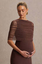 Zaria Brown Crew-Neck Maternity Maxi Dress With Cape-Overlay – second lifestyle photo
