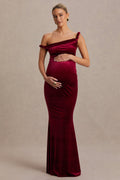 Tallulah Burgundy Velvet Asymmetric-Neck Maternity Maxi Dress With Twist-Sleeve – front view
