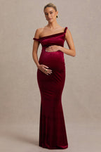 Tallulah Burgundy Velvet Asymmetric-Neck Maternity Maxi Dress With Twist-Sleeve – front view