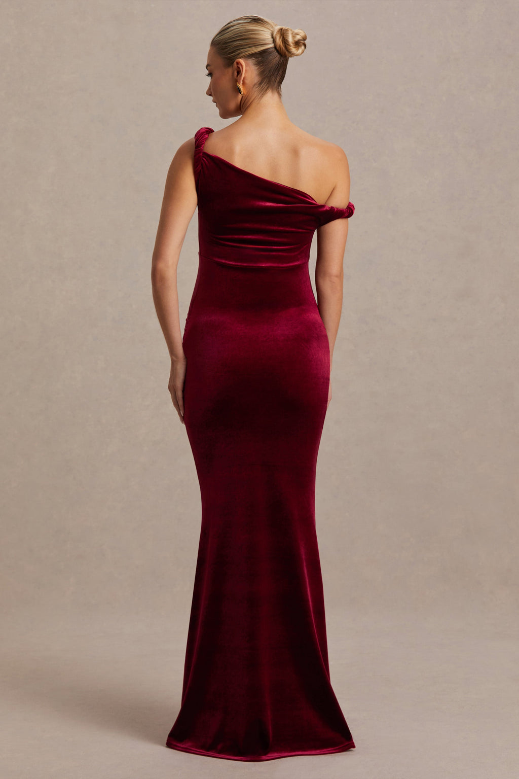 Tallulah Burgundy Velvet Asymmetric-Neck Maternity Maxi Dress With Twist-Sleeve – lifestyle photo