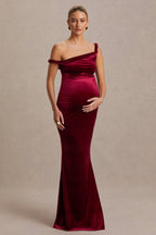 Tallulah Burgundy Velvet Asymmetric-Neck Maternity Maxi Dress With Twist-Sleeve – side view
